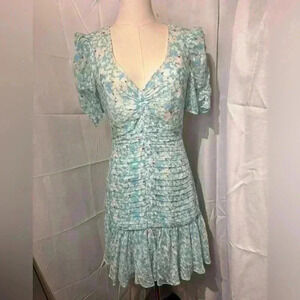 Tanya Taylor Pansy Dress in Floral Blue Silk Blend Lined Designer V-Neck